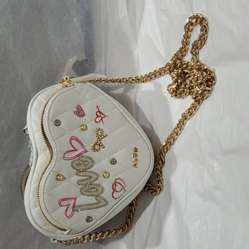 Aldo white quilted heart shaped gemstone cz & pearl‎ embellished crossbody bag
